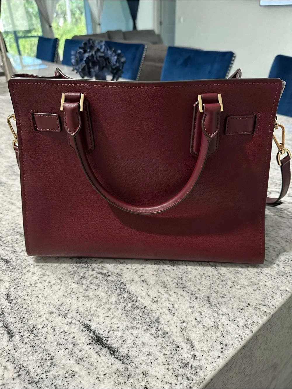Michael Kors Wine Leather Satchel with Gold Accent with matching wallet